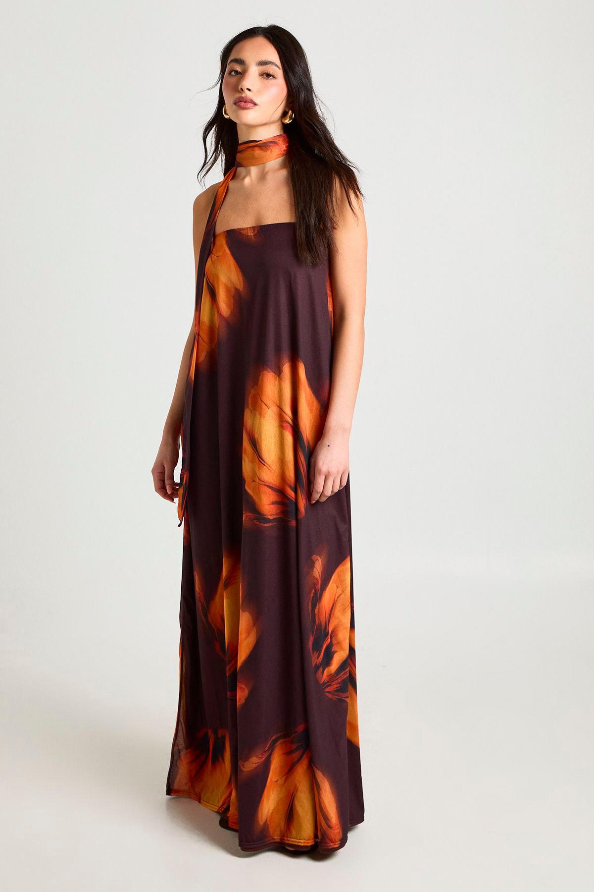 Large Floral Trapeze Scarf Detail Maxi Dress by BOOHOO