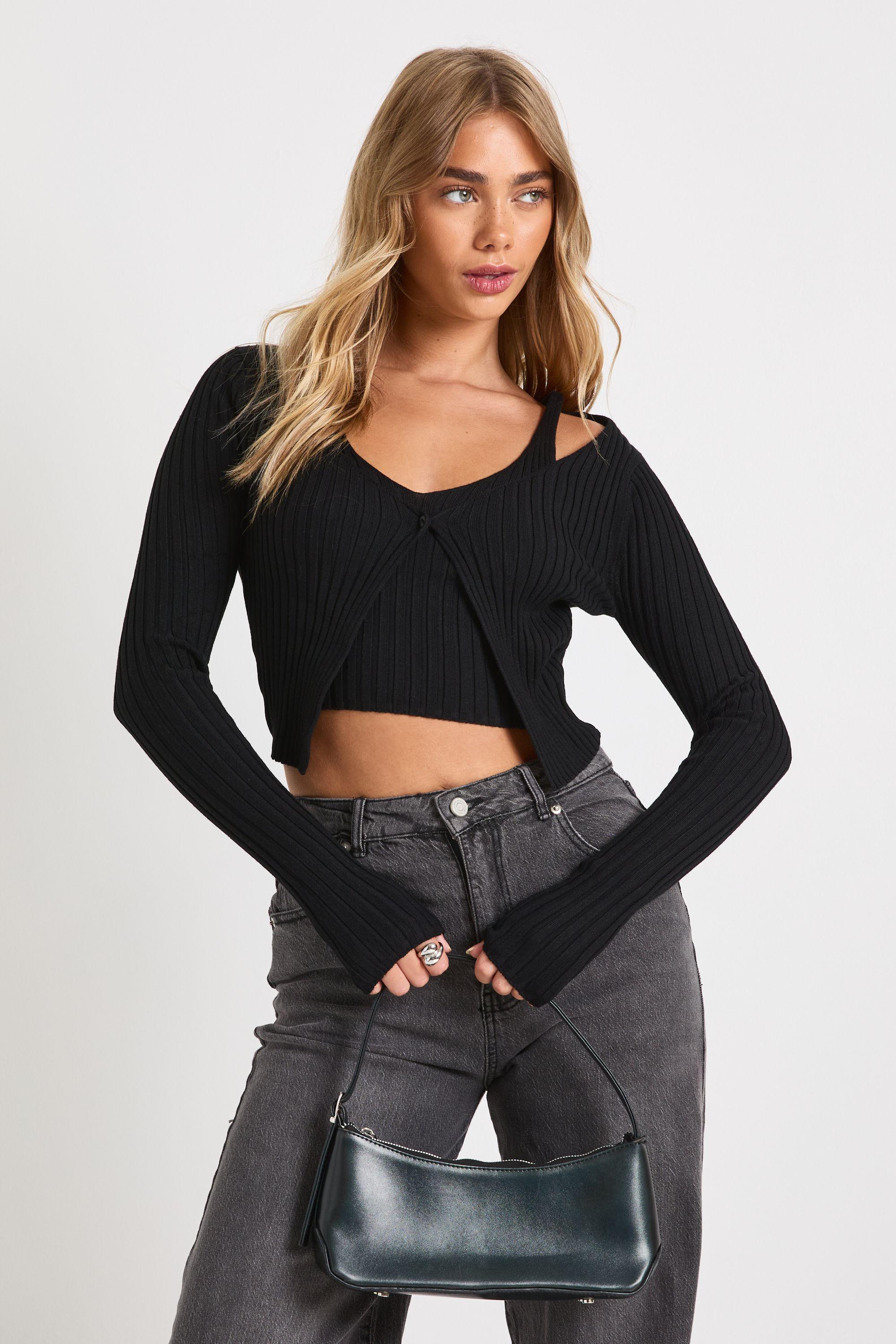 Layered Crop Top And Knit Cardigan by BOOHOO Layered Crop Top And Knit Cardigan by BOOHOO