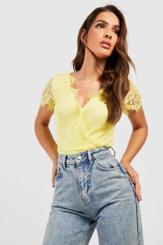 Lemon Premium Eyelash Lace Bodysuit by BOOHOO