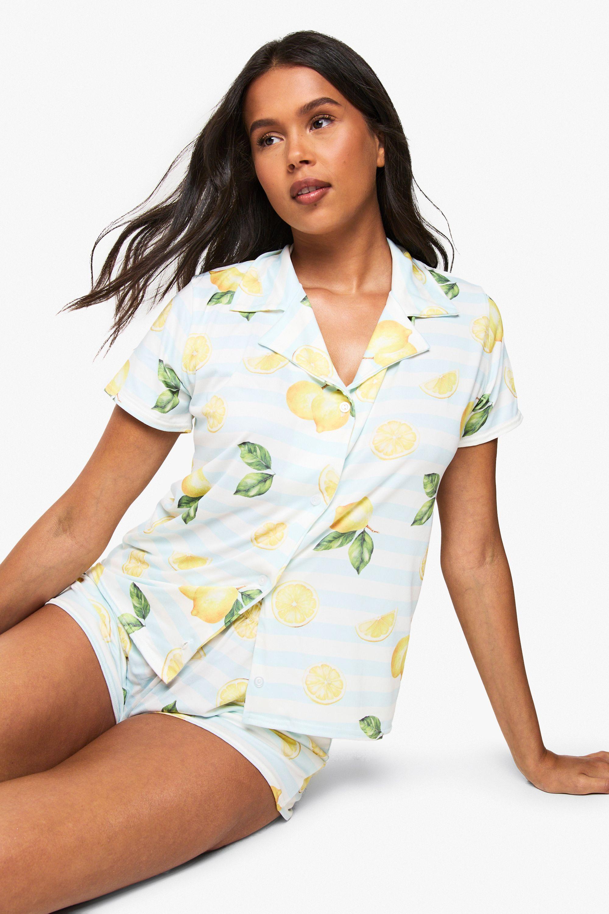 Lemon Print Stripe Short Sleeve Shirt & Shorts Pyjama Set by BOOHOO