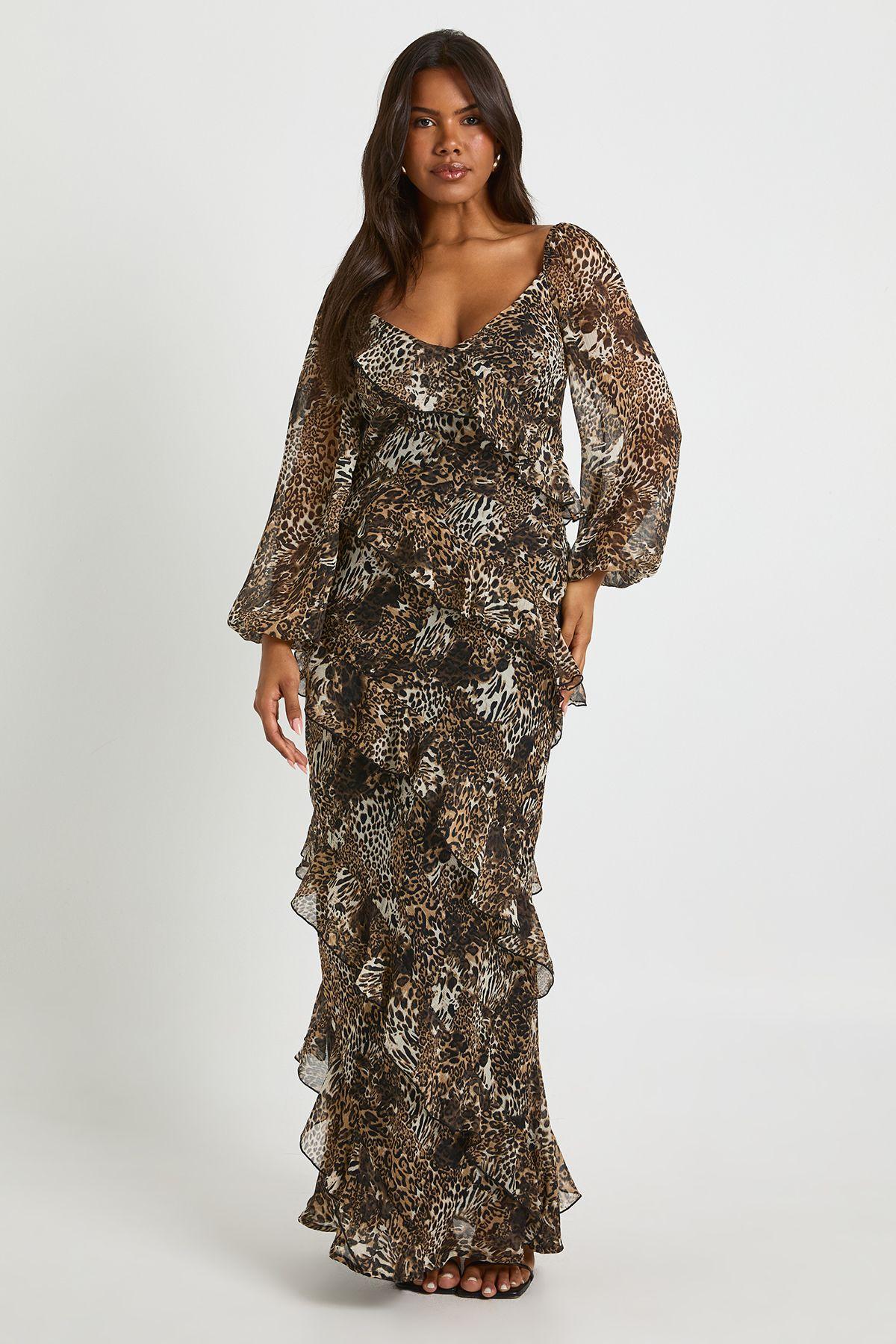 Leopard Chiffon Ruffle Maxi Dress by BOOHOO