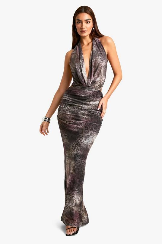 Leopard Cowl Halterneck Maxi Dress by BOOHOO