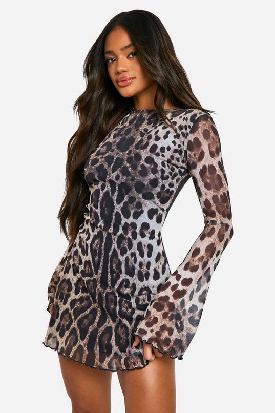 Leopard Mesh Flare Sleeve Mini Dress by BOOHOO
