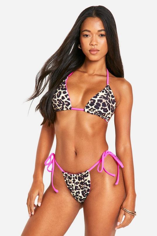 Leopard Print Contrast Triangle Bikini Top & Tanga Tie Side Bikini Bottoms Set by BOOHOO