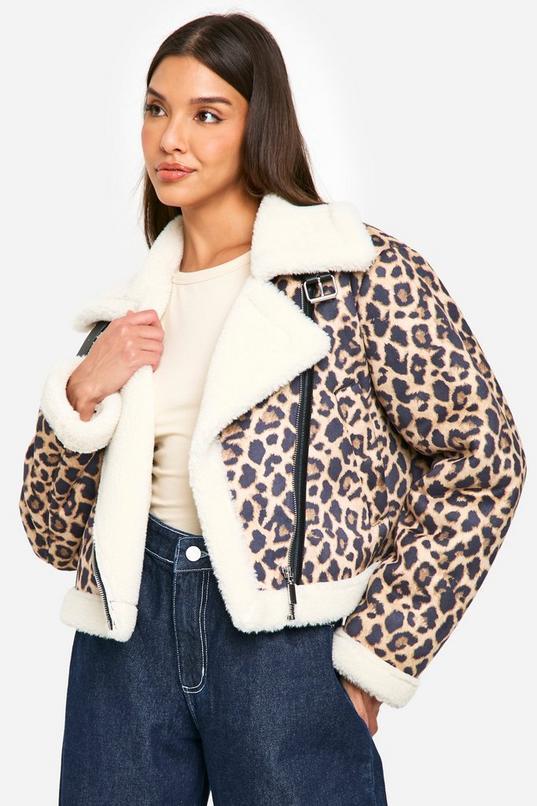 Leopard Print Cropped Aviator Jacket by BOOHOO