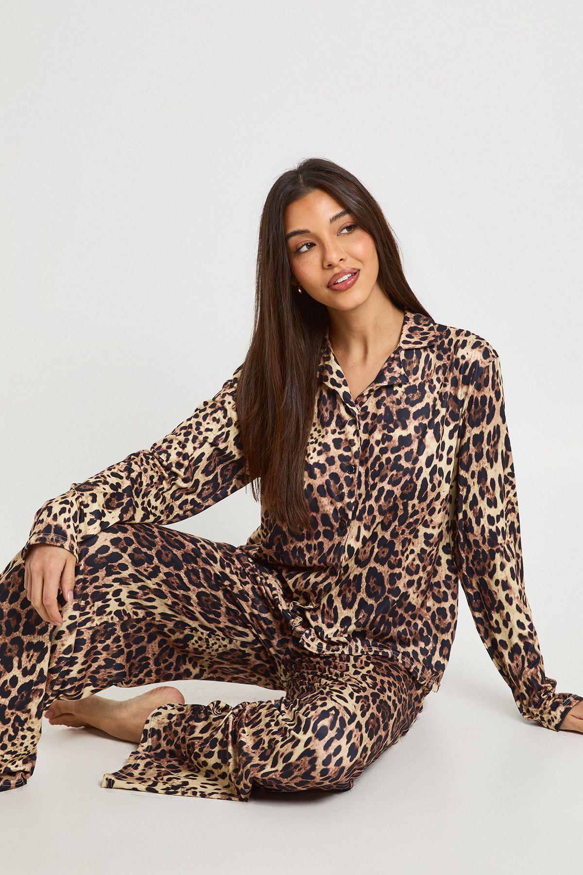 Leopard Print Long Sleeve Top & Trousers Pyjama Set by BOOHOO