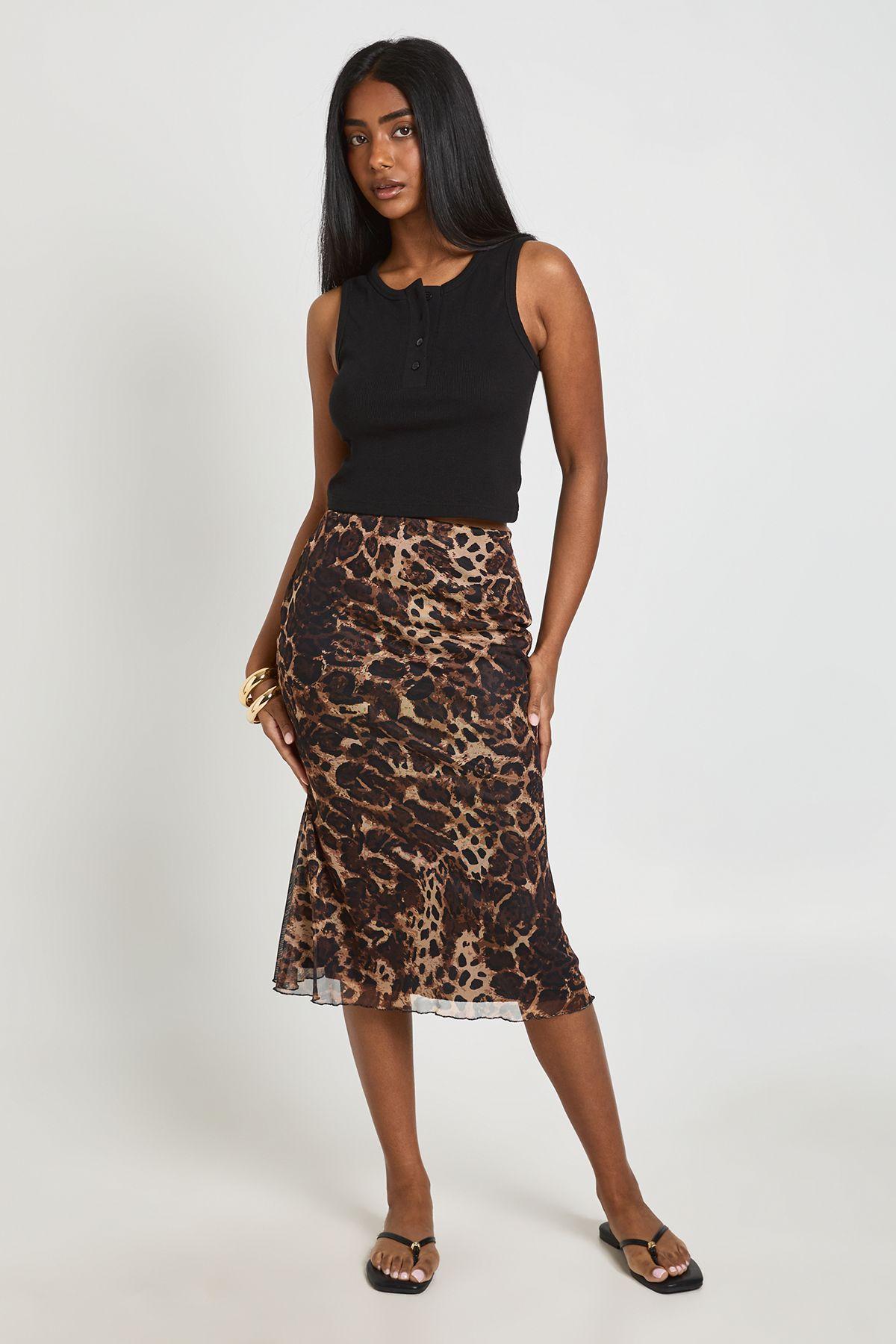 Leopard Print Mesh Midi Skirt by BOOHOO