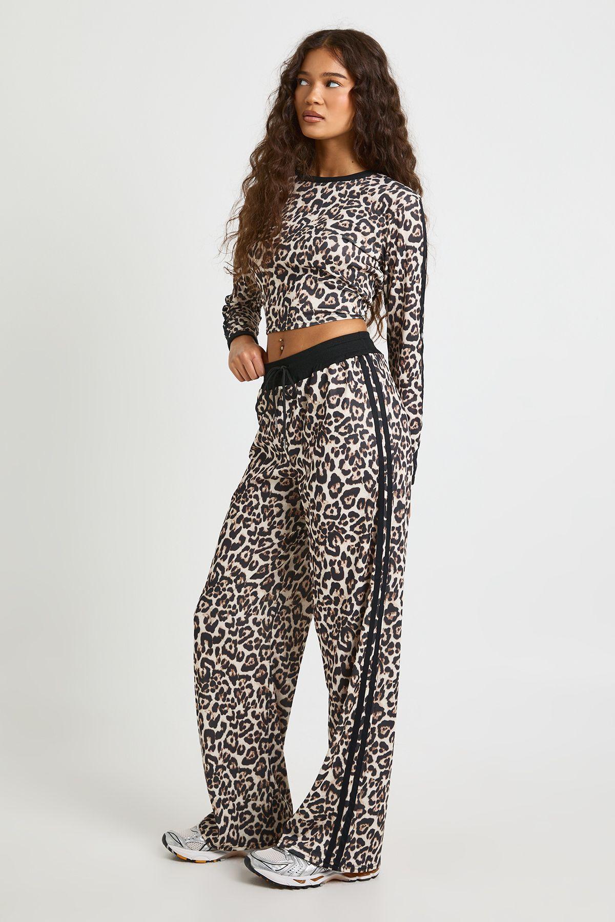 Leopard Print Piping Detail Crop Top and Trouser Set by BOOHOO