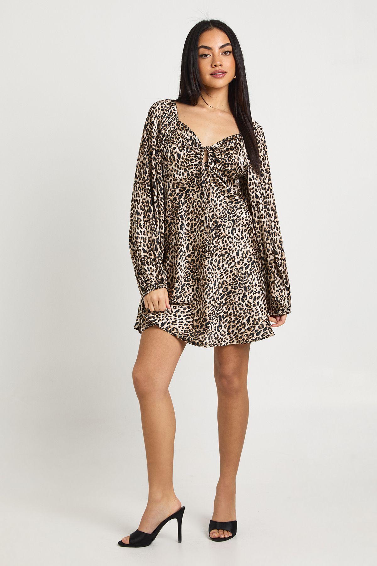 Leopard Print Volume Sleeve Satin Mini Dress by BOOHOO