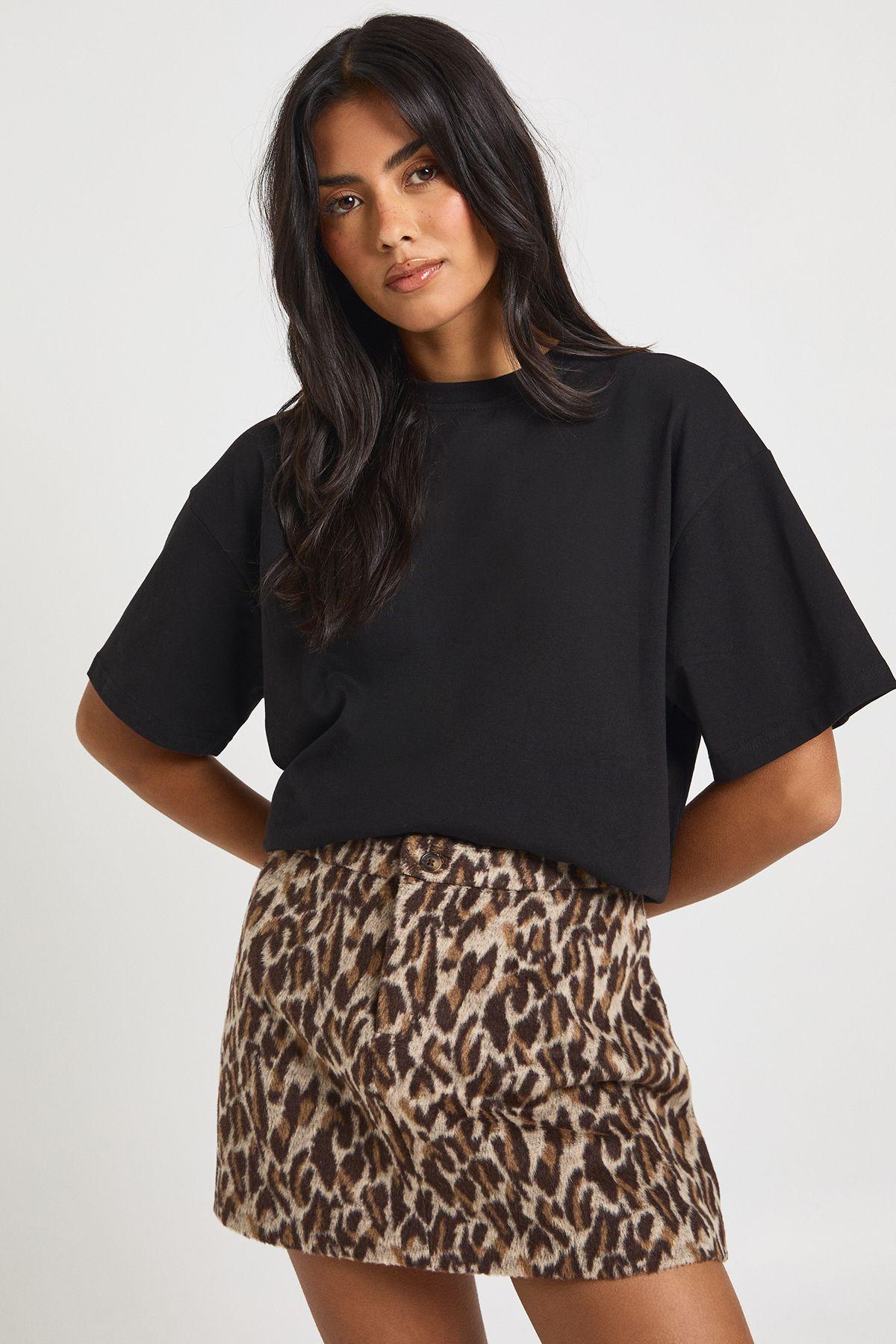 Leopard Wool Look A-line Mini Skirt by BOOHOO