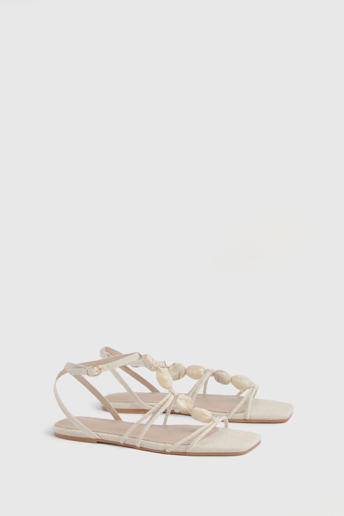Linen Bead Detail Strappy Sandals by BOOHOO