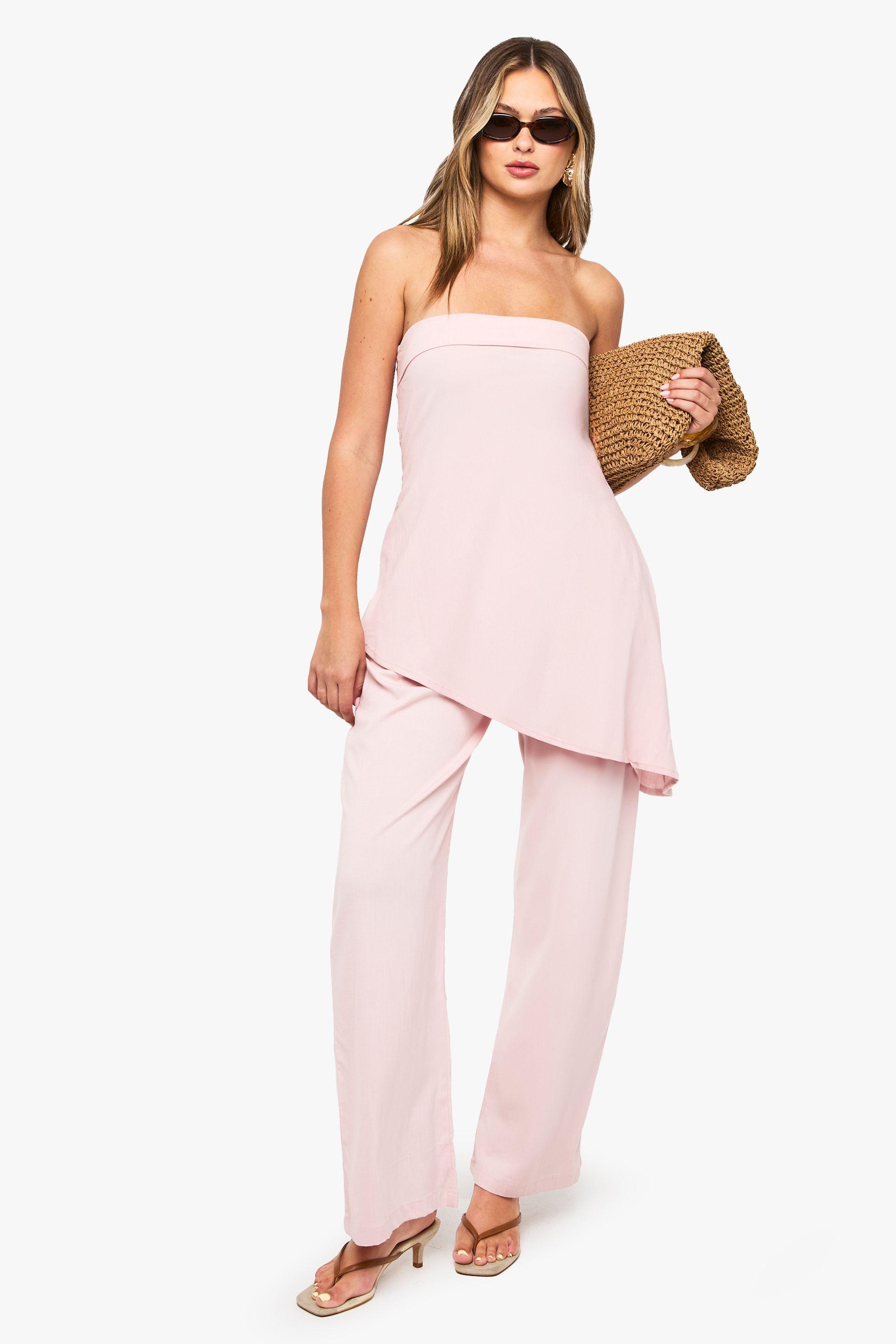 Linen Look Asymmetric Bandeau & Wide Leg Trouser Co-ord by BOOHOO