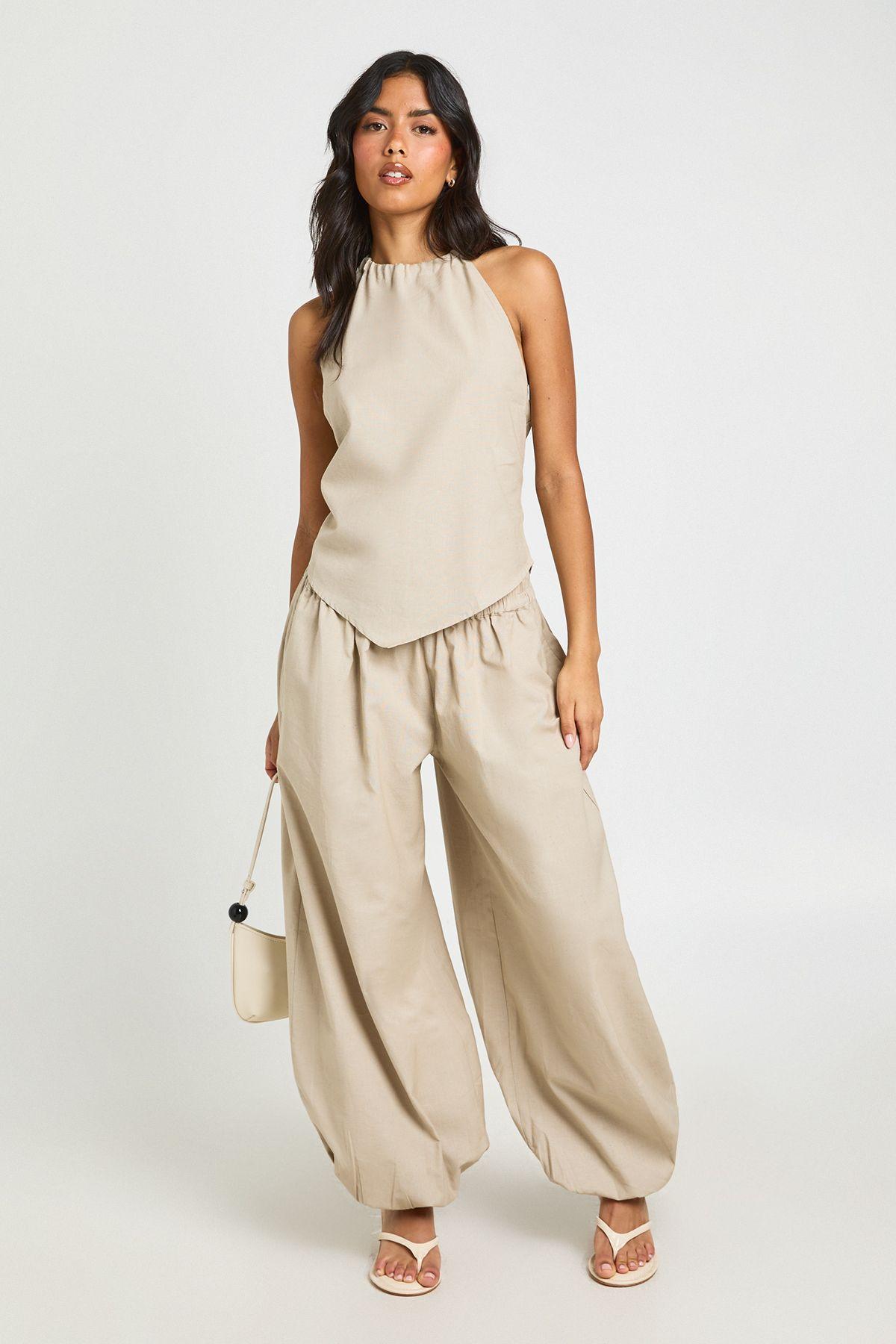 Linen Look Asymmetric Hem Top and Balloon Trouser Co-ord by BOOHOO