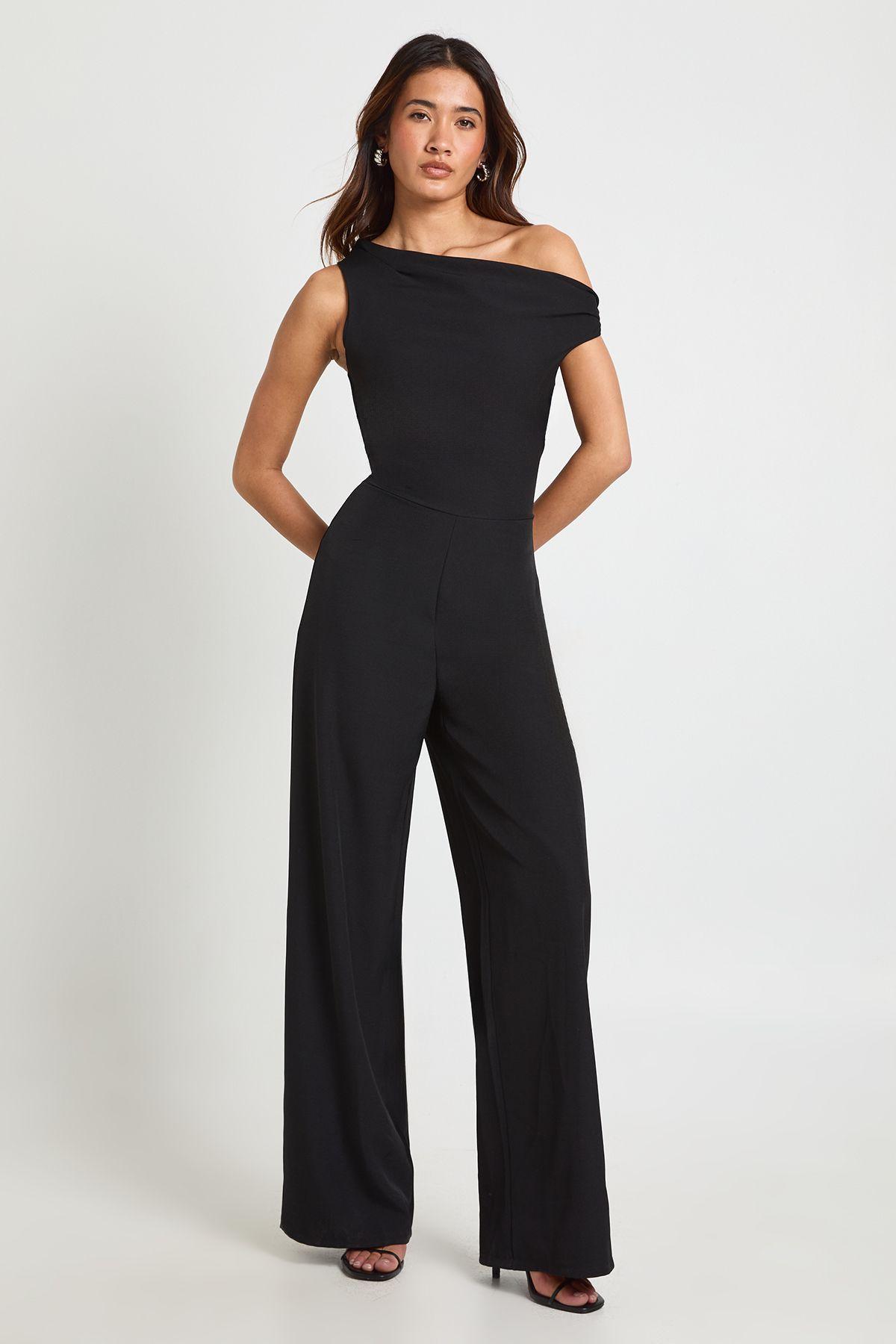 Linen Look Asymmetric Neck Line Wide Leg Jumpsuit by BOOHOO