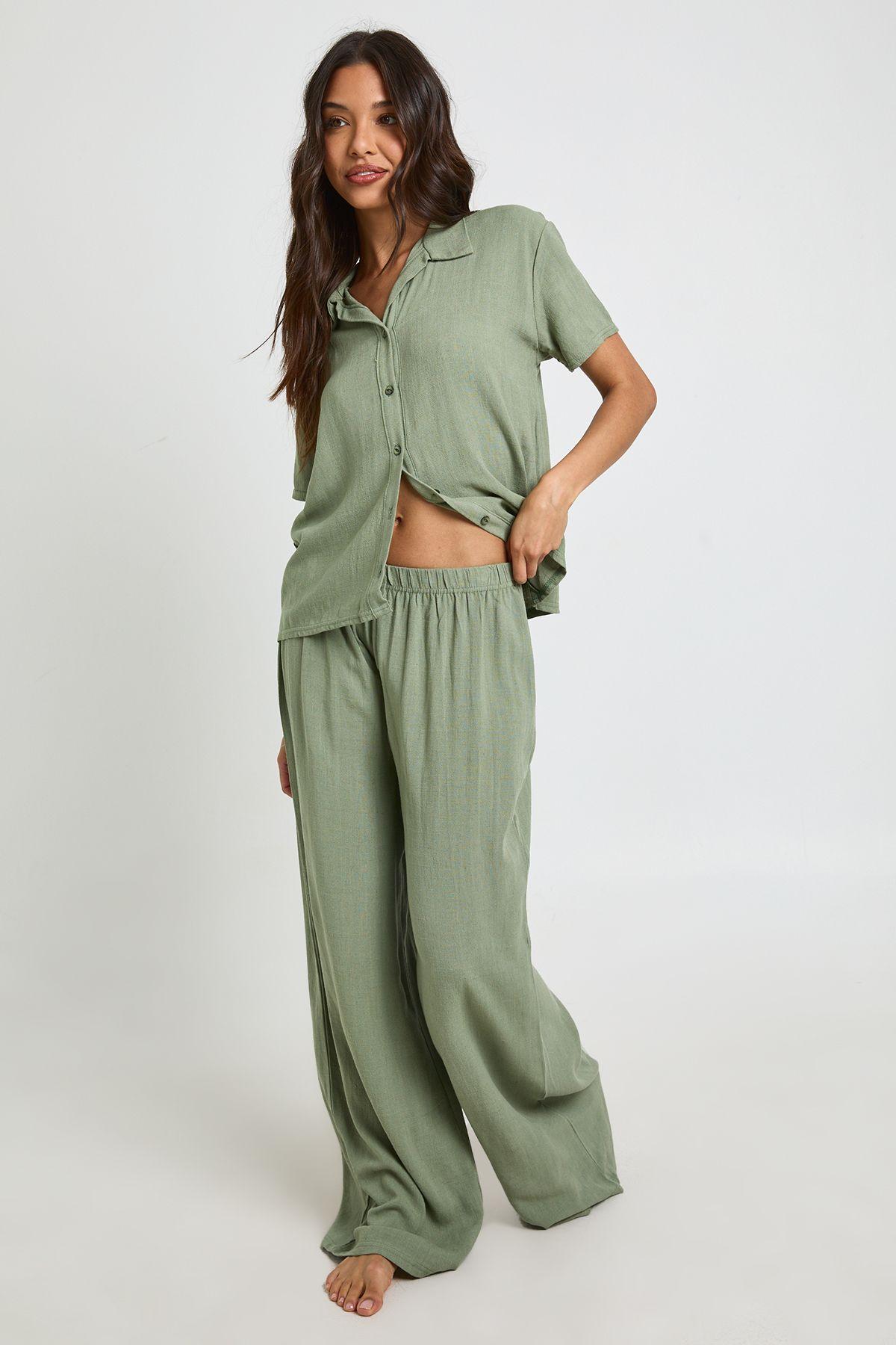 Linen Look Beach Wide Leg Trousers by BOOHOO
