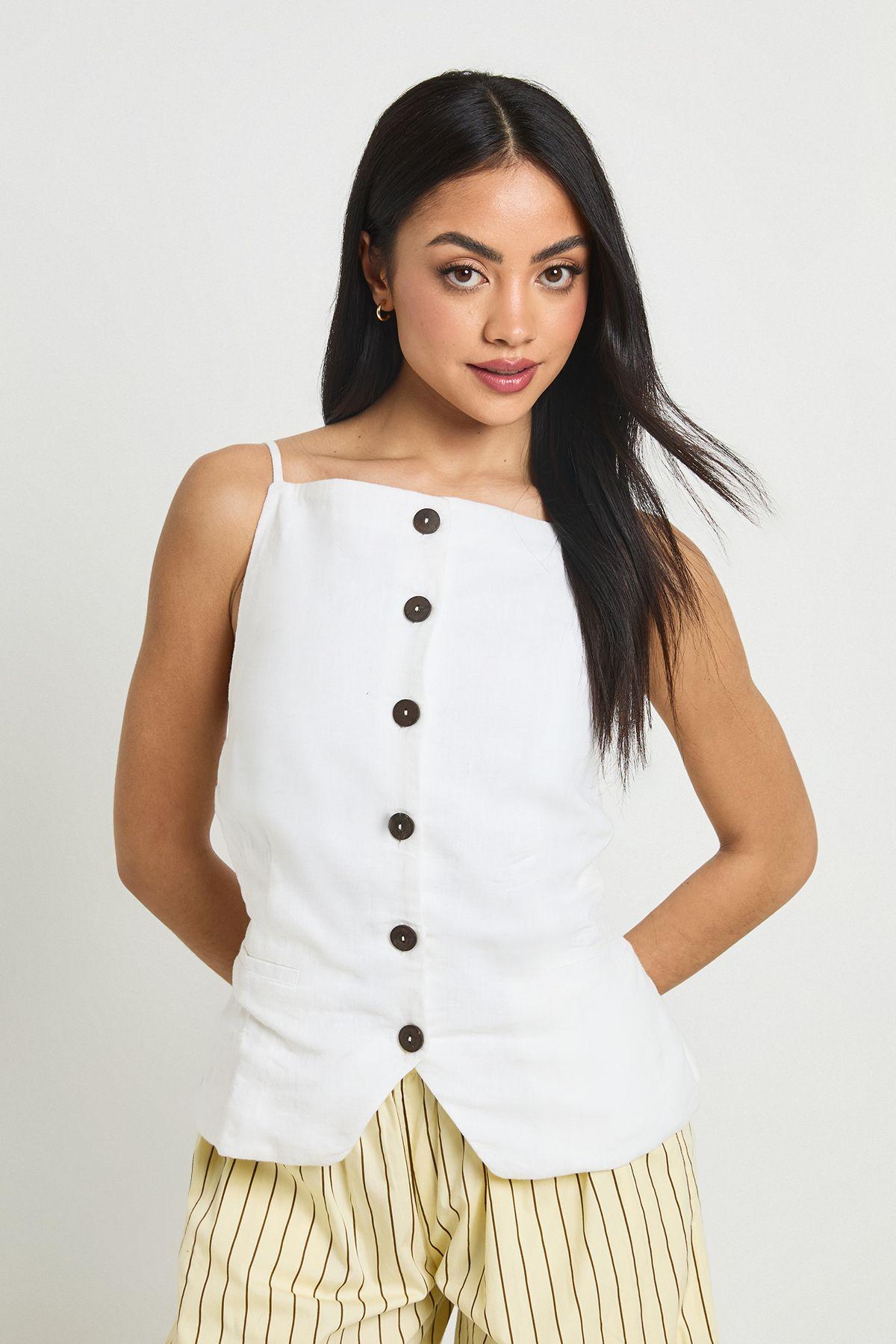 Linen Look Button Down Belted Waistcoat by BOOHOO