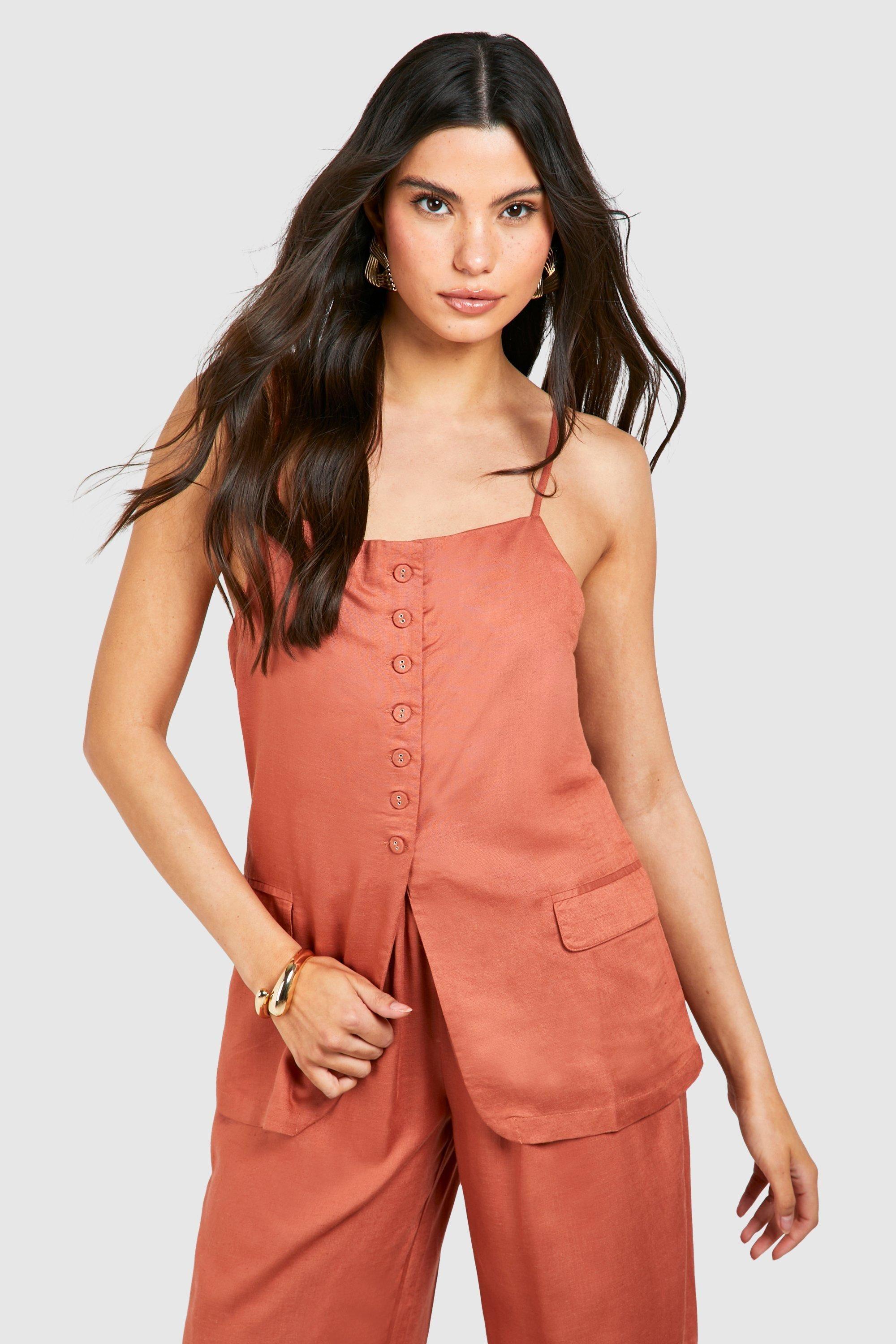 Linen Look Button Front Longline Waistcoat by BOOHOO