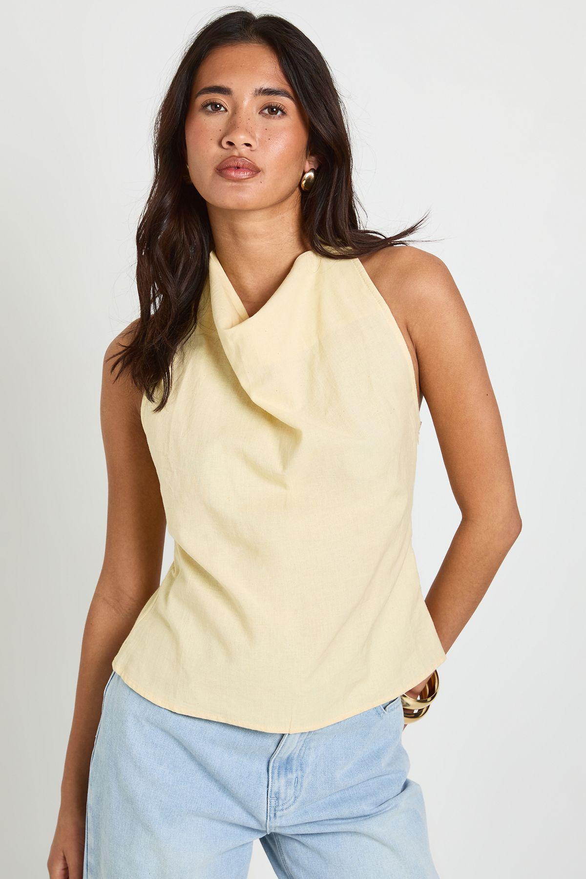 Linen Look Cowl Neck Top by BOOHOO