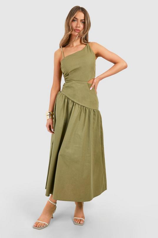 Linen Look Cut Out Asymmetric Midaxi Dress by BOOHOO Linen Look Cut Out Asymmetric Midaxi Dress by BOOHOO