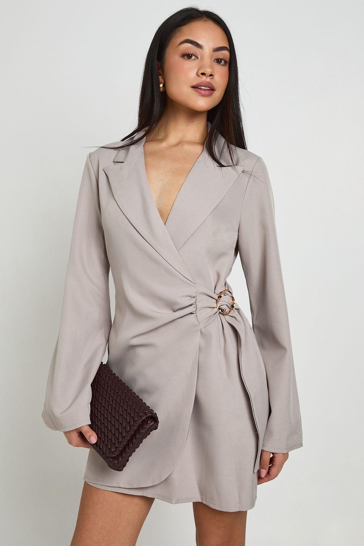 Linen Look Gold Trim Tie Side Blazer Dress by BOOHOO