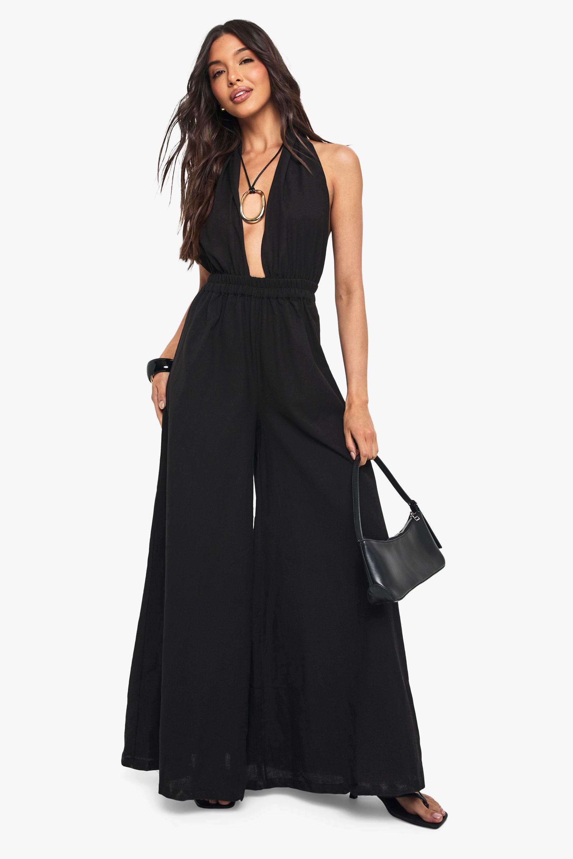 Linen Look Halterneck Plunge Jumpsuit by BOOHOO