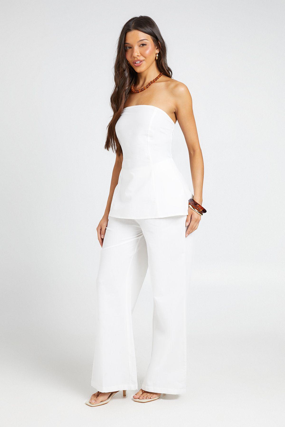 Linen Look Longline Bandeau & Wide Leg Trousers by BOOHOO
