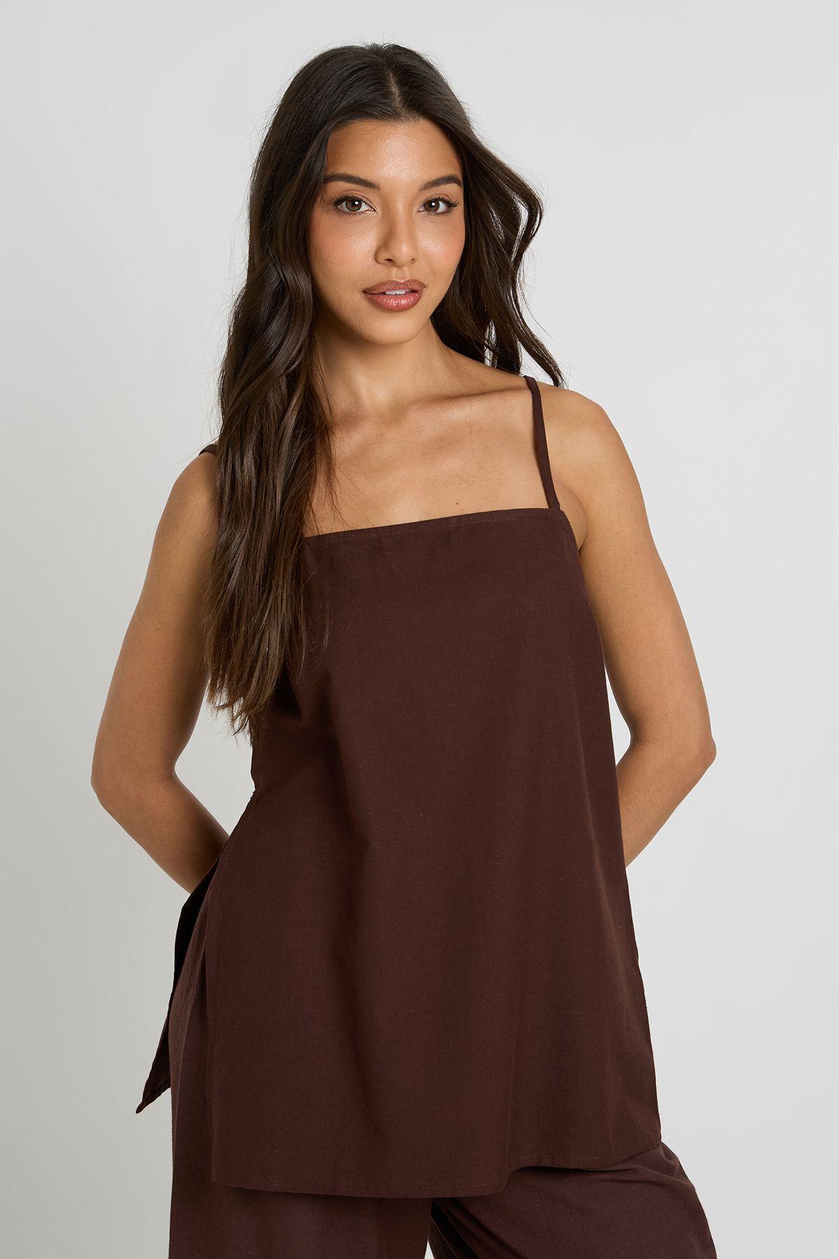 Linen Look Longline Cami & Wide Leg Trouser Co-ord by BOOHOO