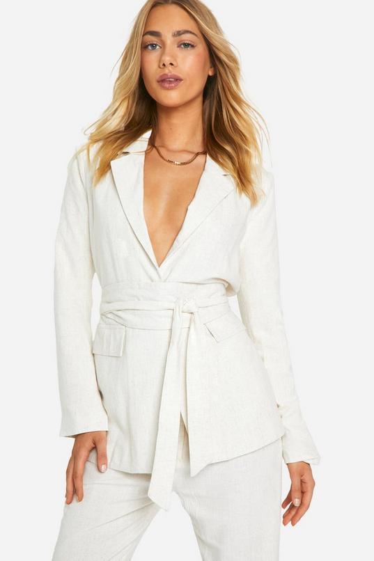 Linen Look Obi Tie Waist Tailored Blazer by BOOHOO