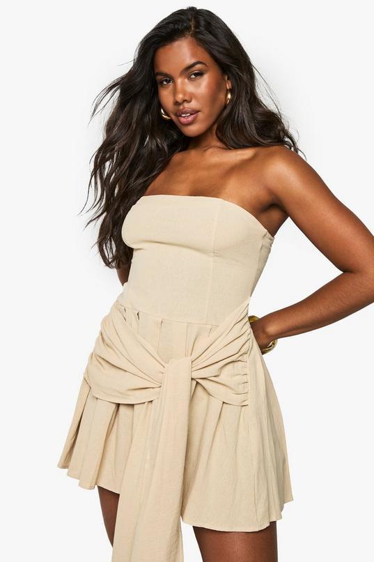 Linen Look Pleated Wrap Mini Dress by BOOHOO