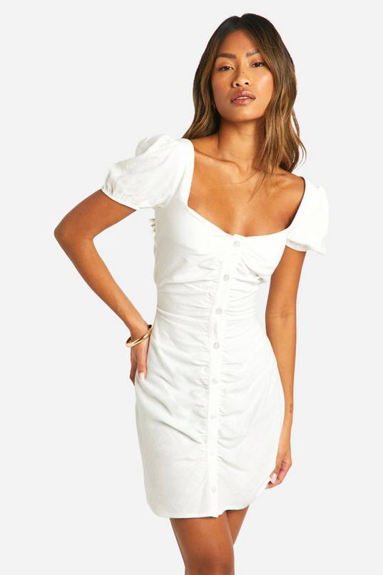 Linen Look Puff Sleeve Rouche Front by BOOHOO