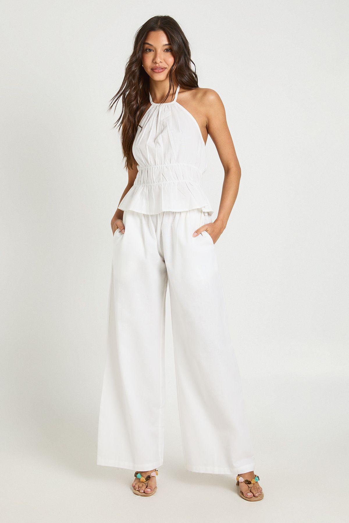 Linen Look Shirred Halter Neck Top & Wide Leg Trouser Co-ord by BOOHOO