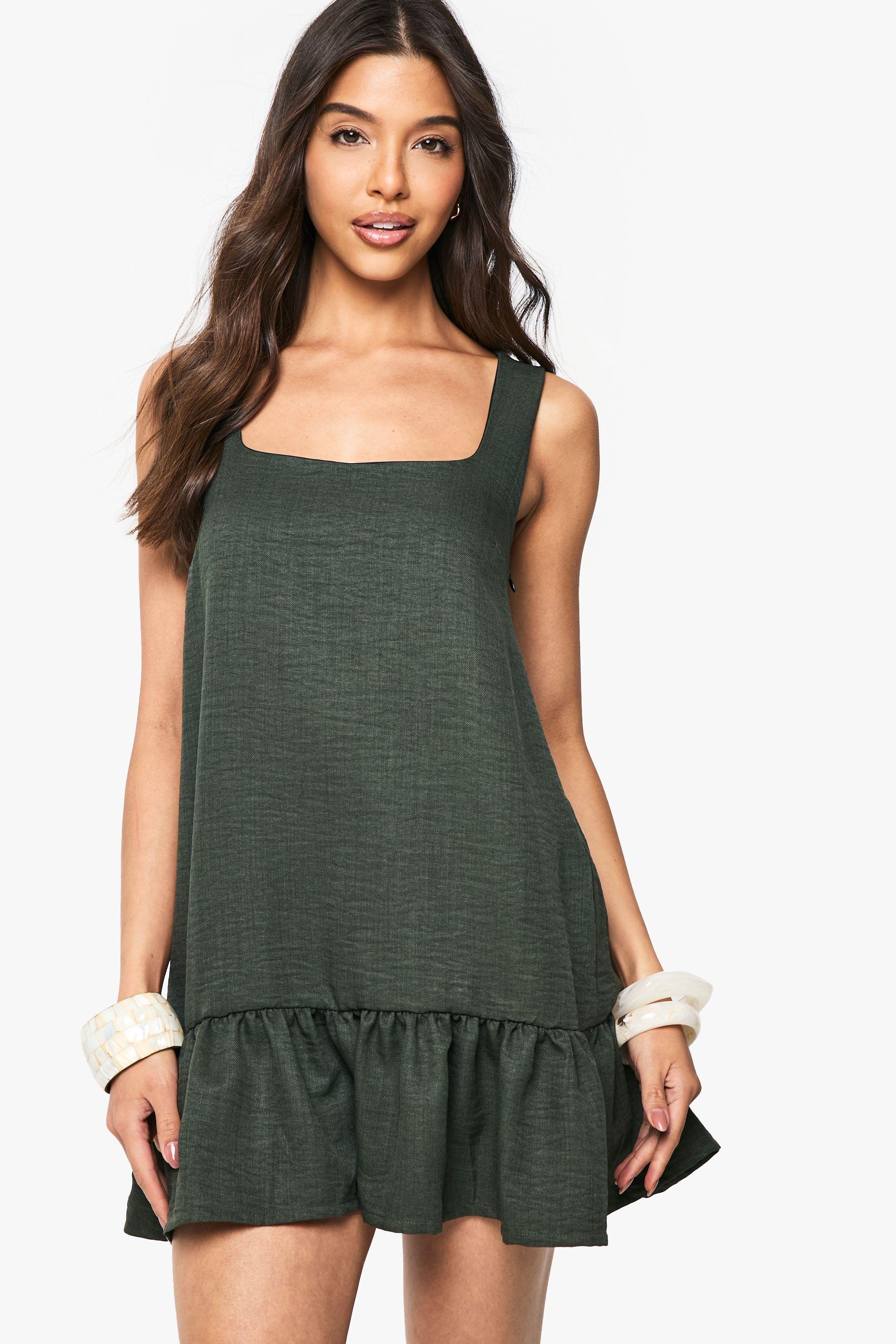 Linen Look Square Neck Drop Hem Mini Dress by BOOHOO