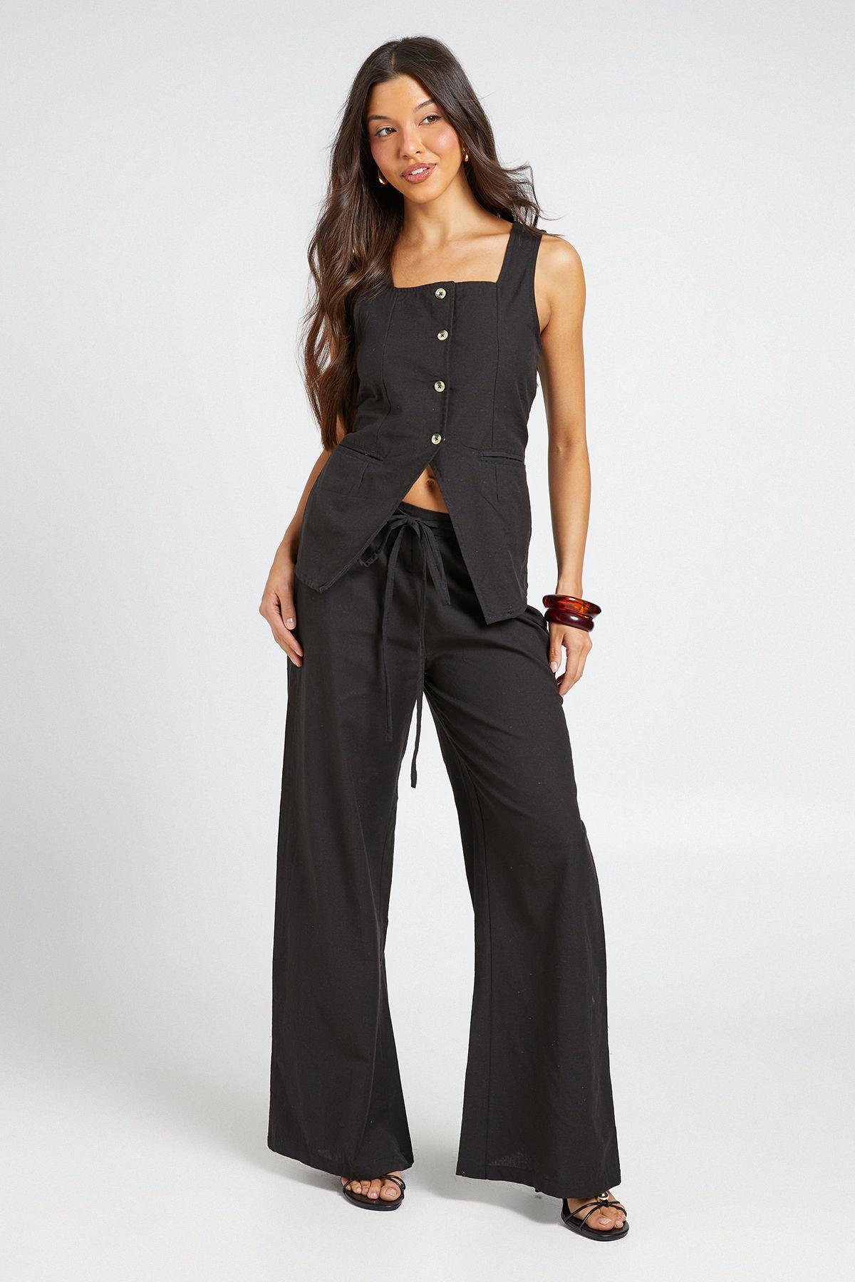 Linen Look Square Neck Waistcoat And Tailored Wide Leg Trousers Co-Ord by BOOHOO