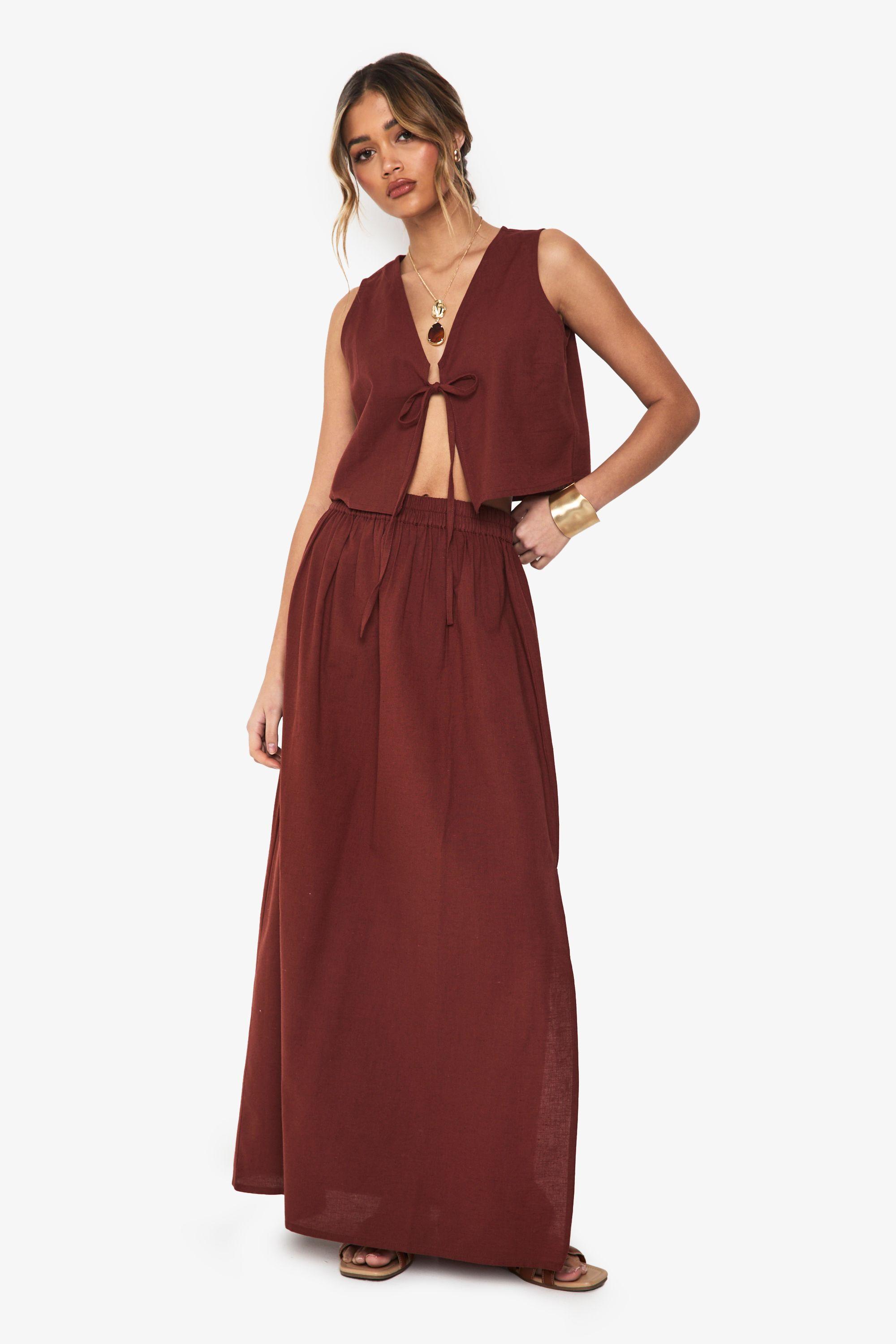 Linen Look Tie Front Crop And Maxi Skirt Co-Ord by BOOHOO