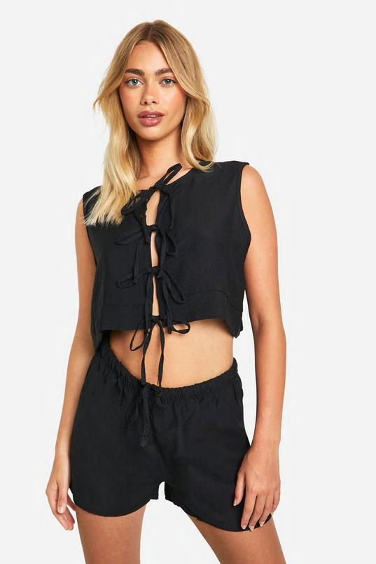 Linen Look Tie Front Sleeveless Blouse & Flippy Shorts by BOOHOO