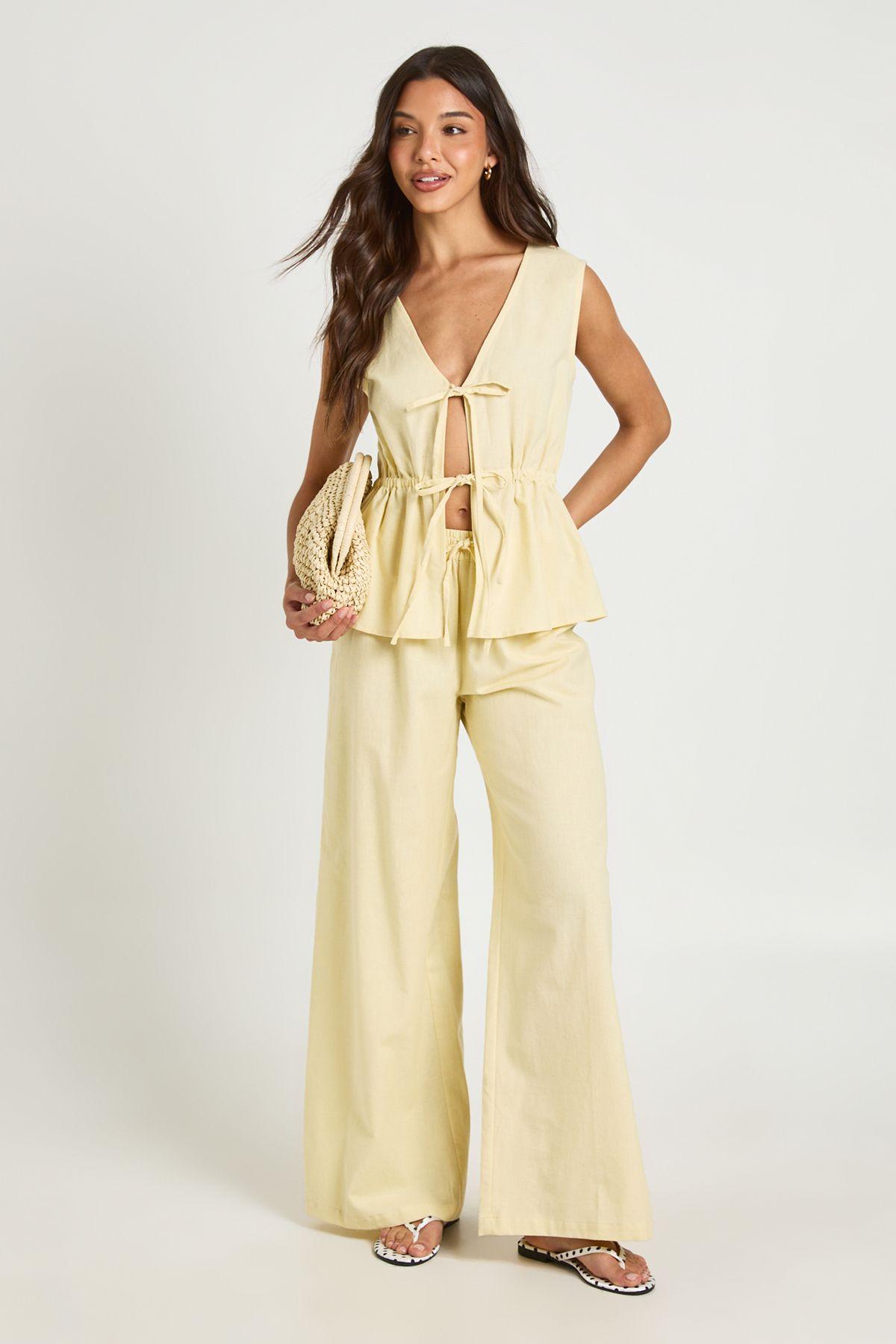 Linen Look Tie Front Top & Wide Leg Trouser Co-ord by BOOHOO