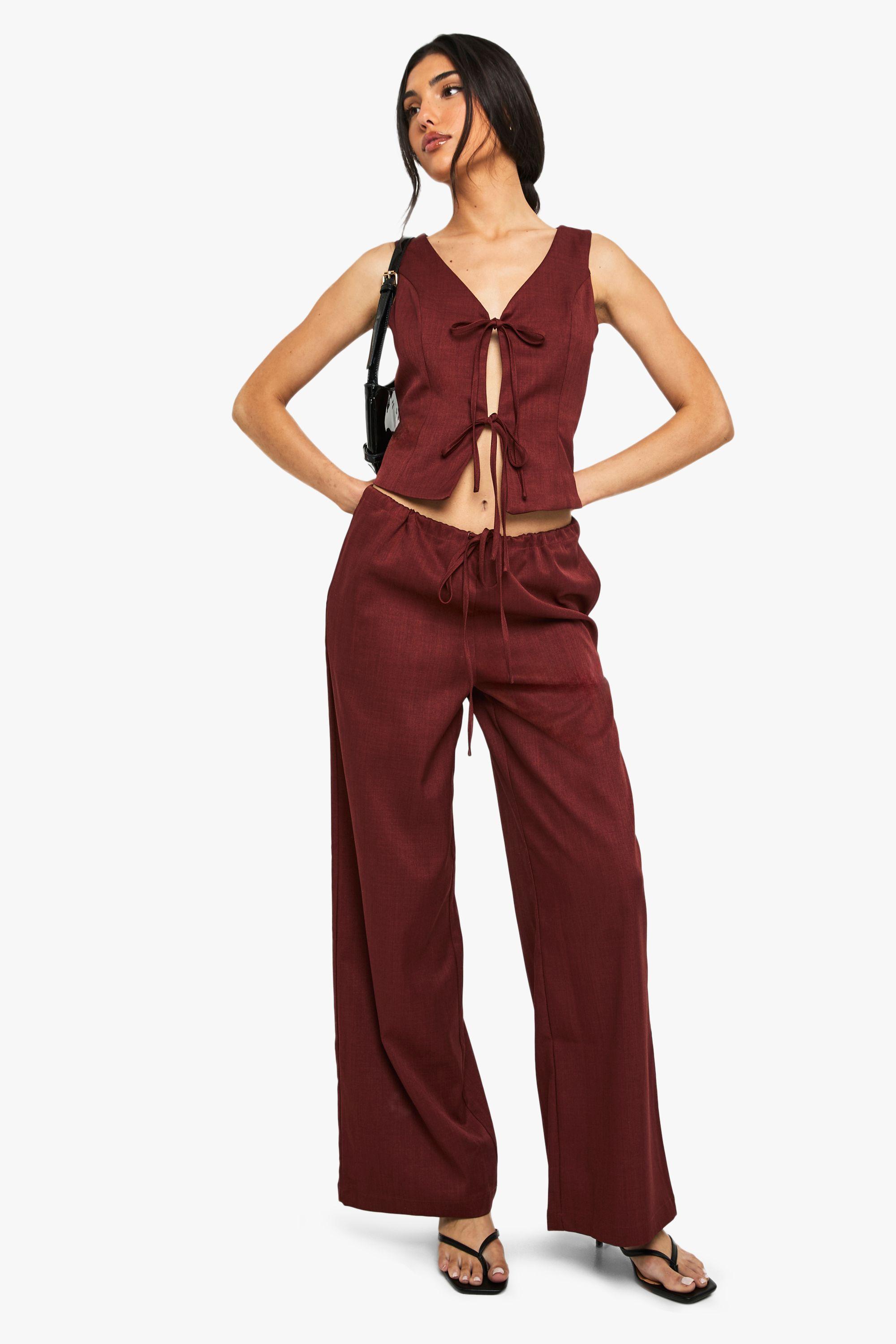 Linen Look Tie Waist Wide Leg Trouser by BOOHOO