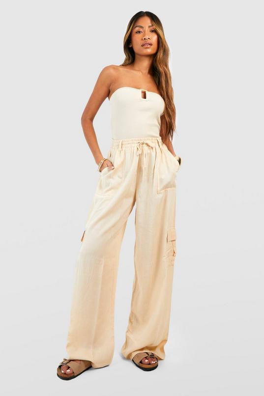 Linen Look Wide Leg Cargo Trousers by BOOHOO