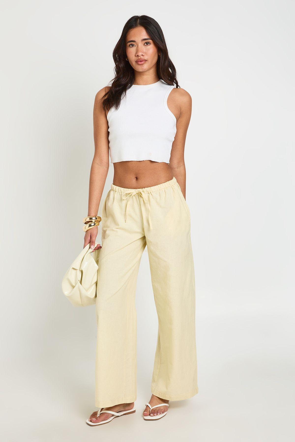 Linen Look Wide Leg Trousers by BOOHOO
