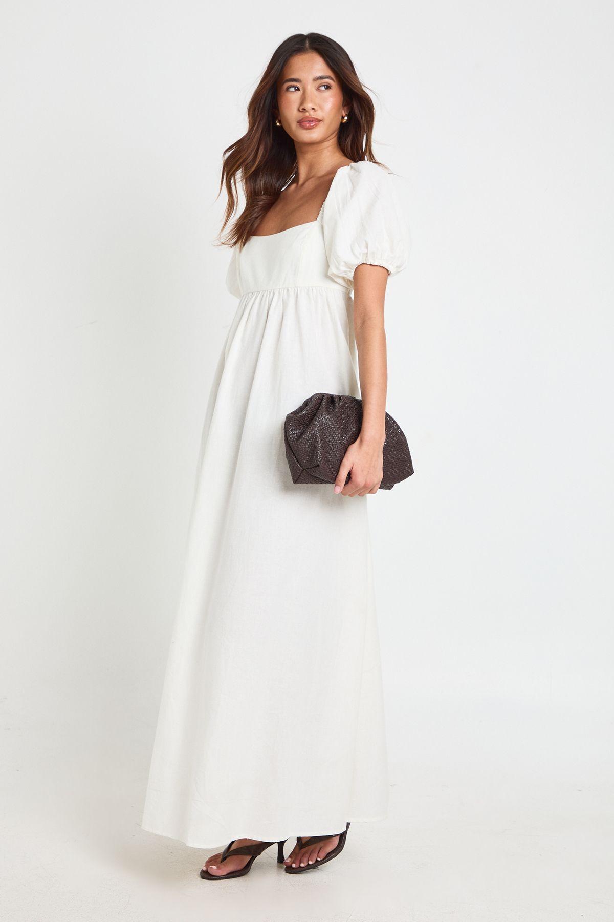 Linen Puff Sleeve Shirred Maxi Dress by BOOHOO
