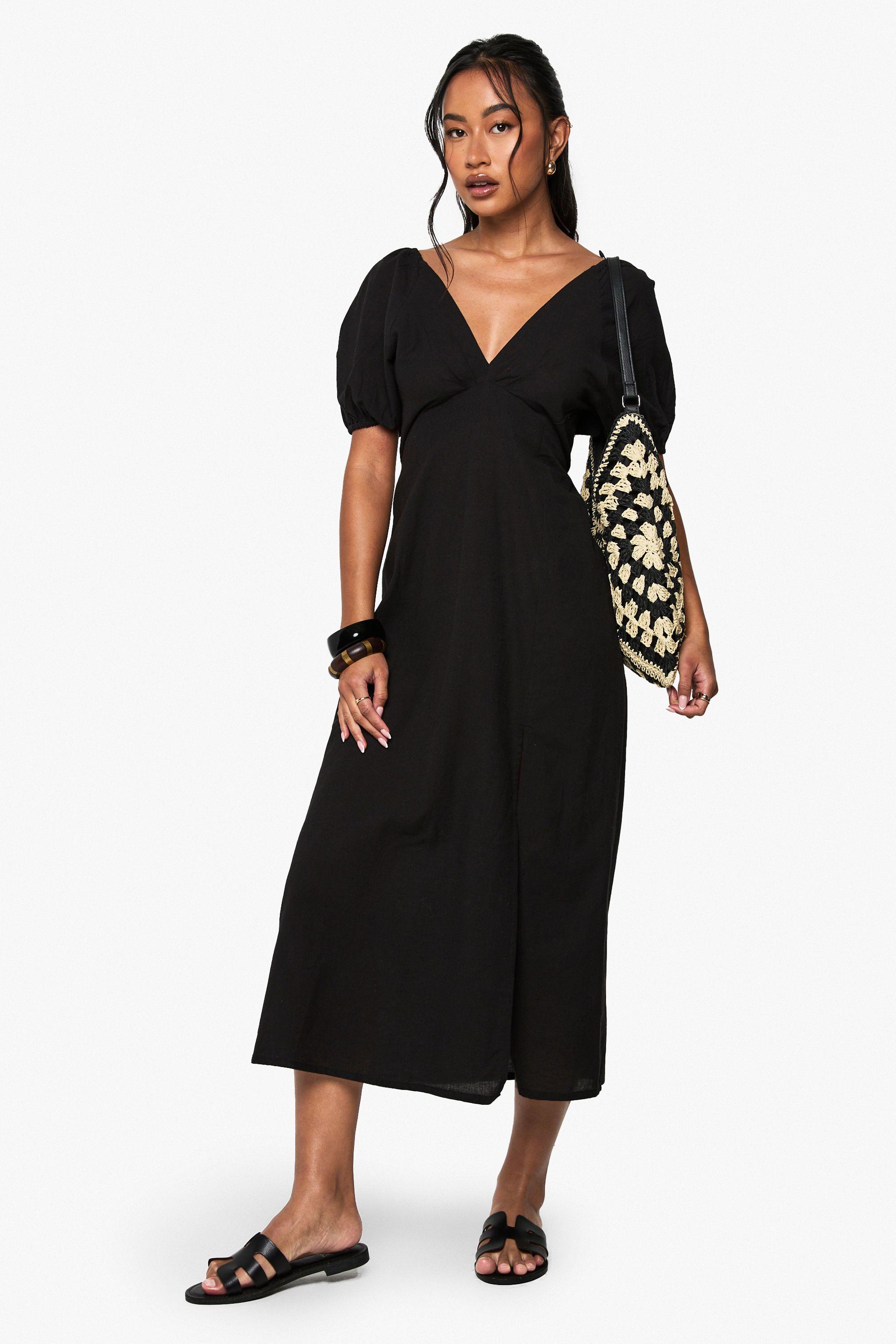 Linen Tie Back Puff Sleeve Midaxi Dress by BOOHOO