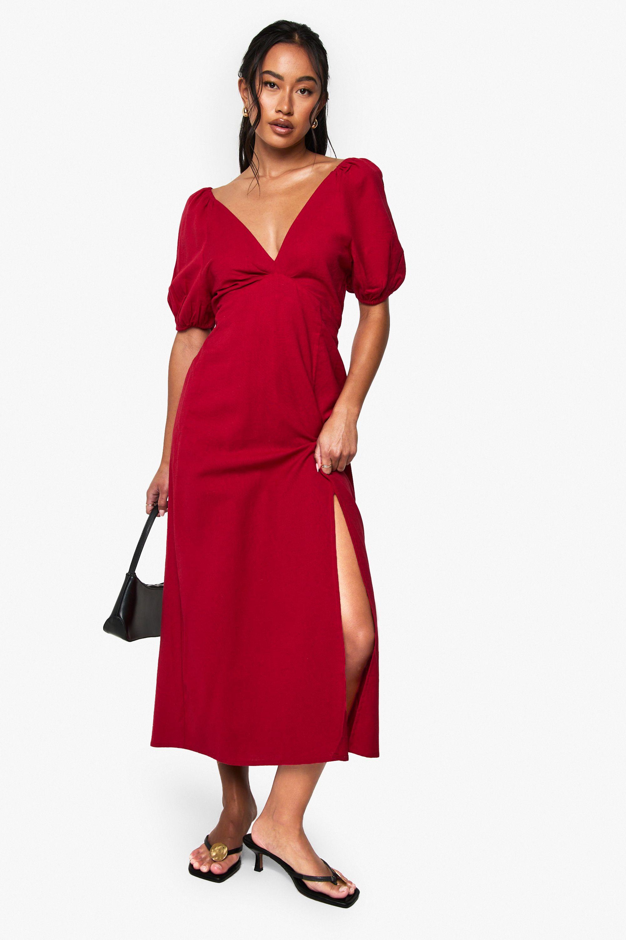 Linen Tie Back Puff Sleeve Midaxi Dress by BOOHOO