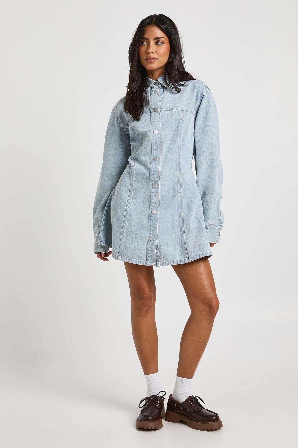 Long Sleeve Cinched Waist Denim Dress by BOOHOO