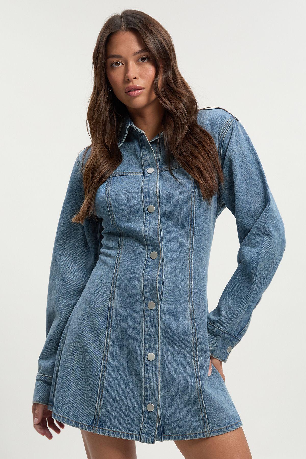 Long Sleeve Cinched Waist Denim Dress by BOOHOO
