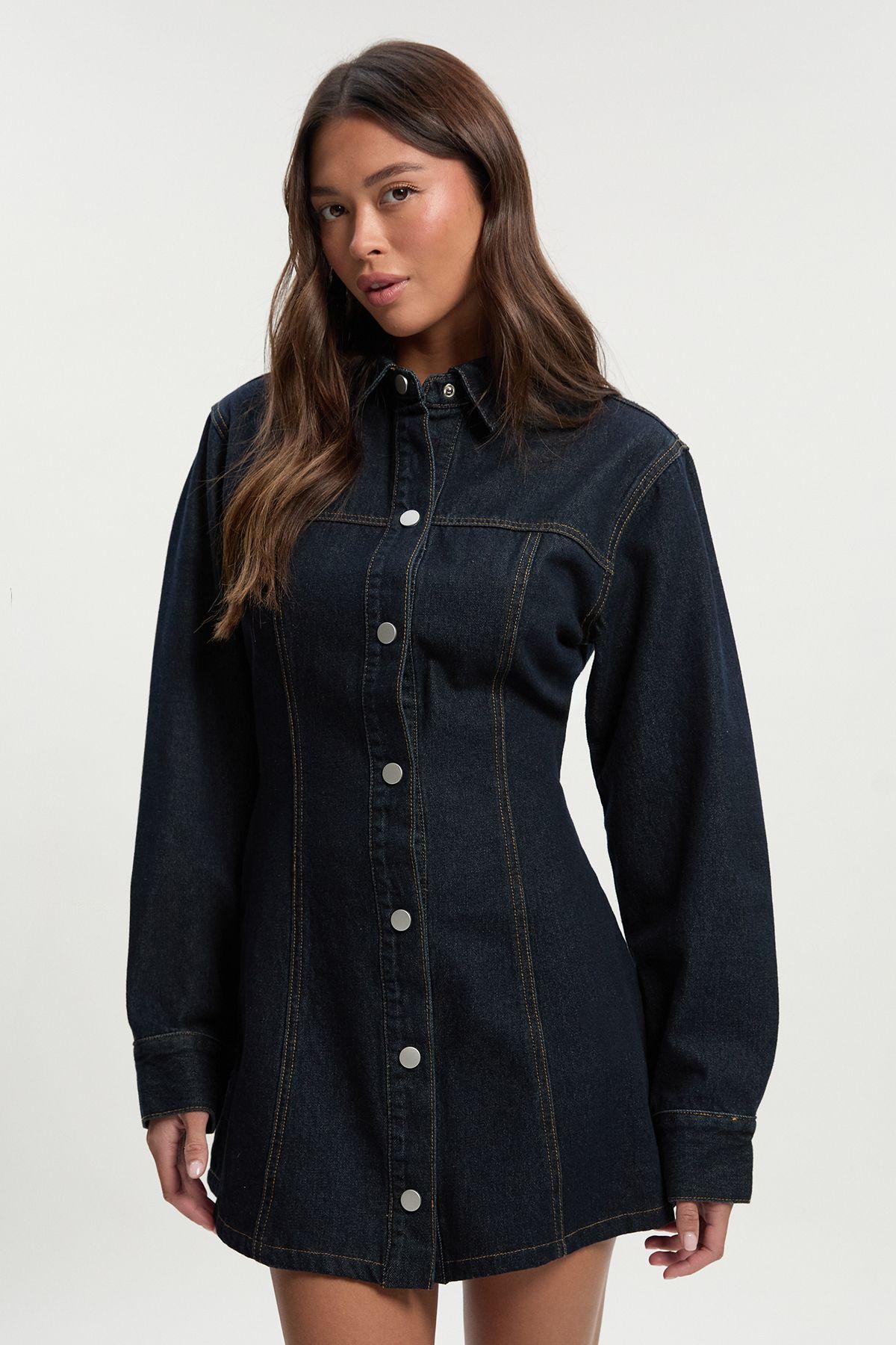 Long Sleeve Cinched Waist Denim Dress by BOOHOO