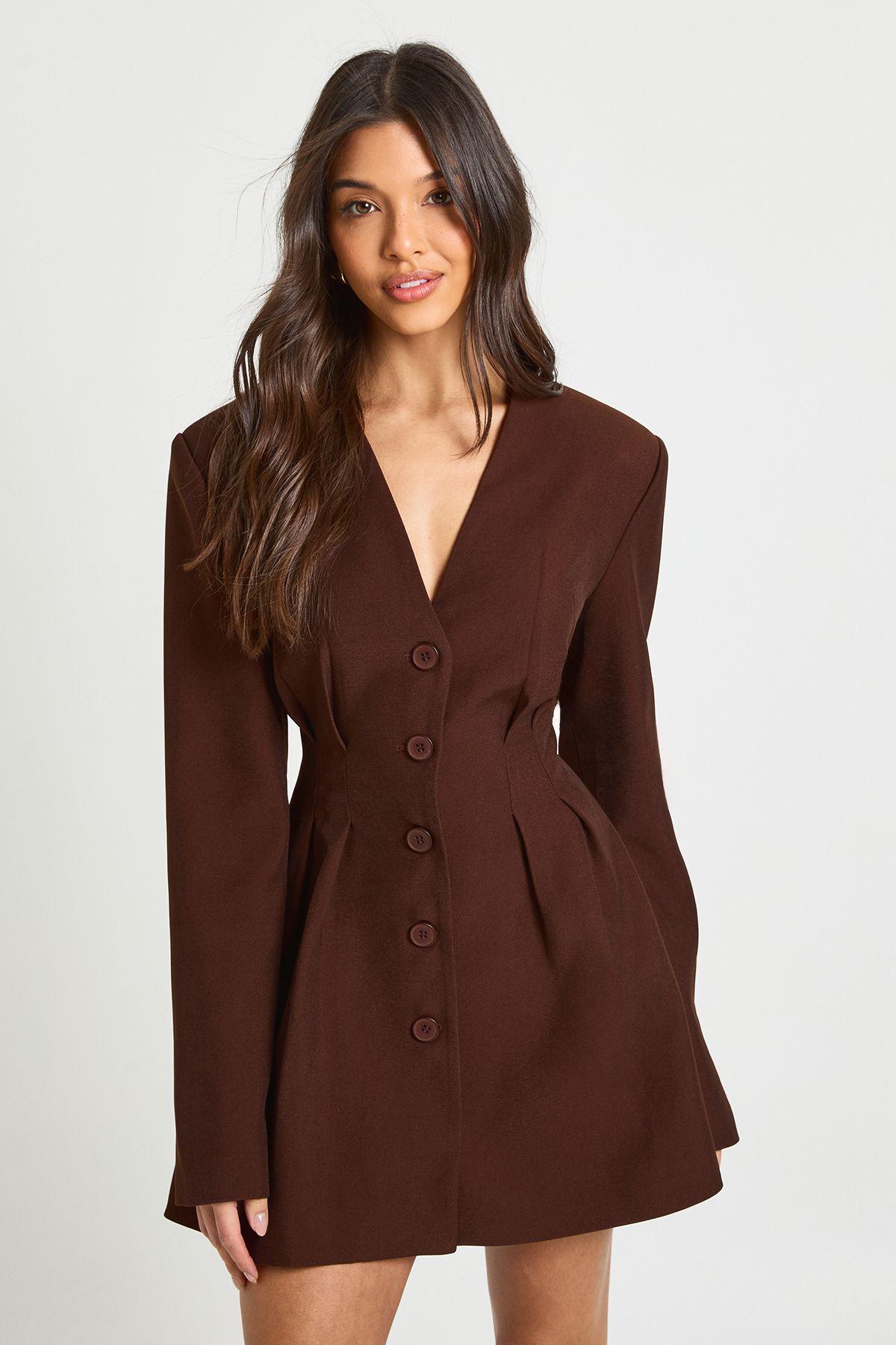 Long Sleeve Collarless Tailored Mini Dress by BOOHOO