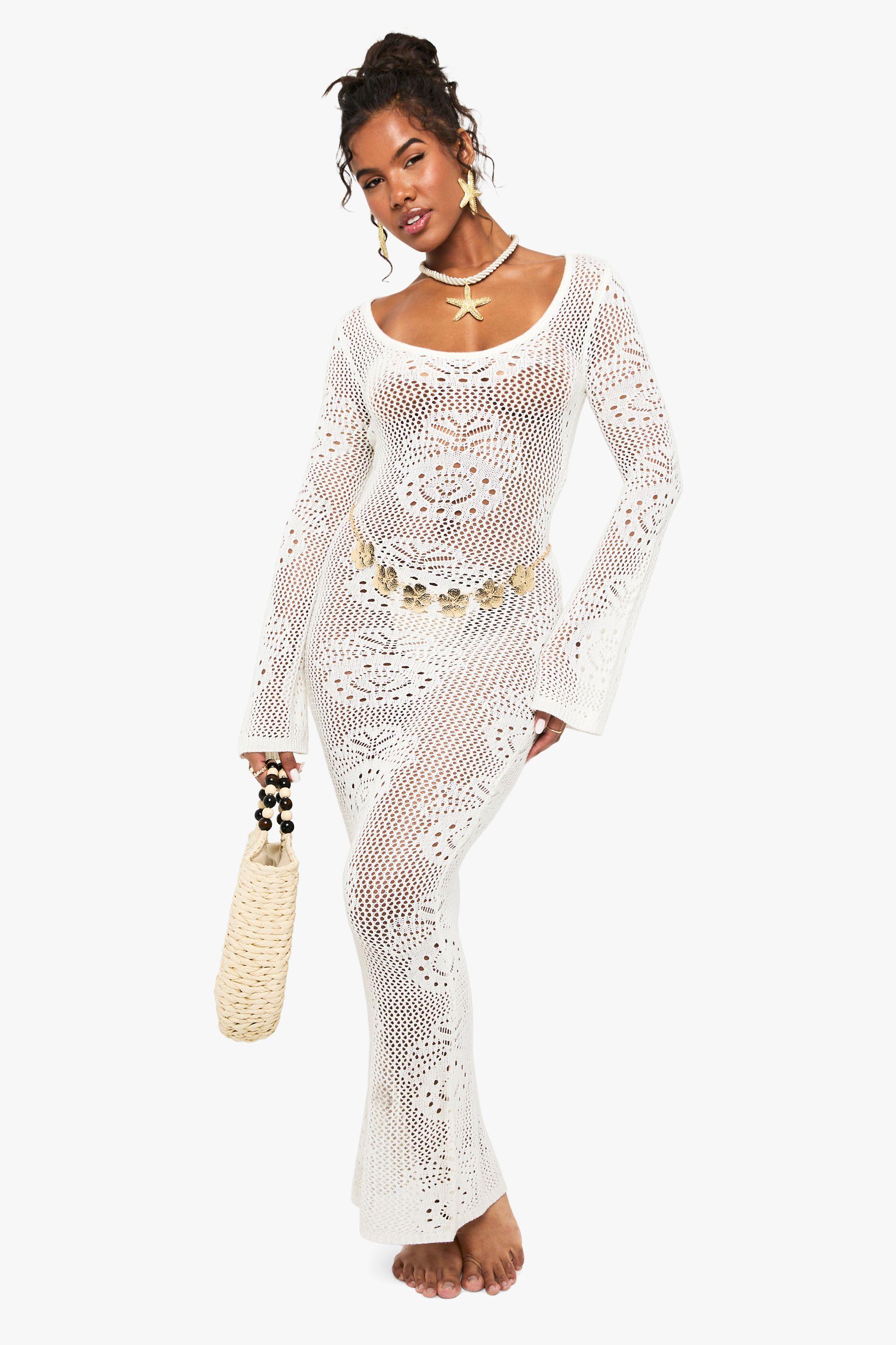 Long Sleeve Crochet Beach Dress by BOOHOO
