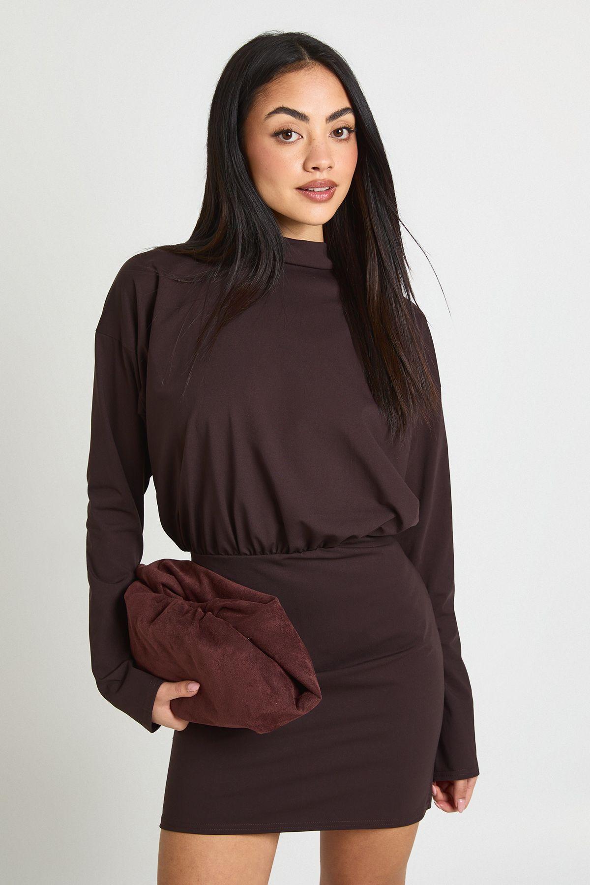 Long Sleeve Grown On Neck Blouson Mini Dress by BOOHOO