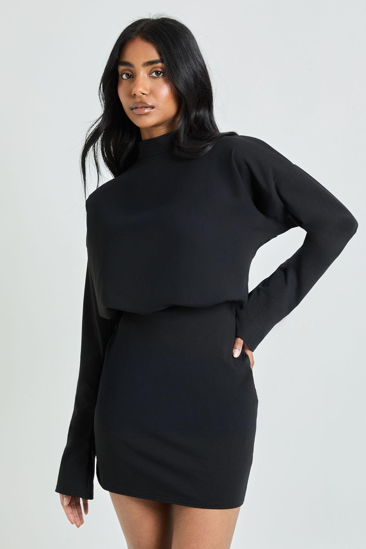 Long Sleeve Grown On Neck Blouson Mini Dress by BOOHOO