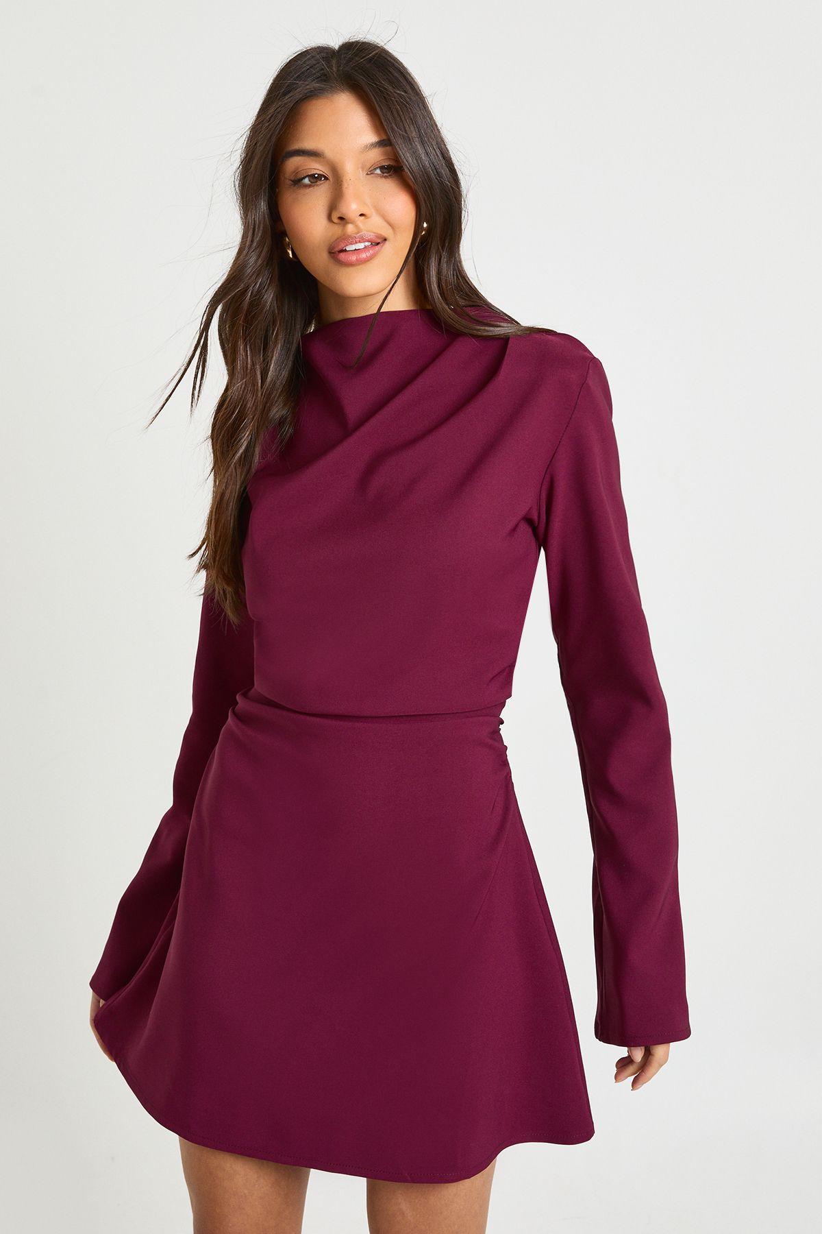 Long Sleeve Ruched High Neck Shift Dress by BOOHOO